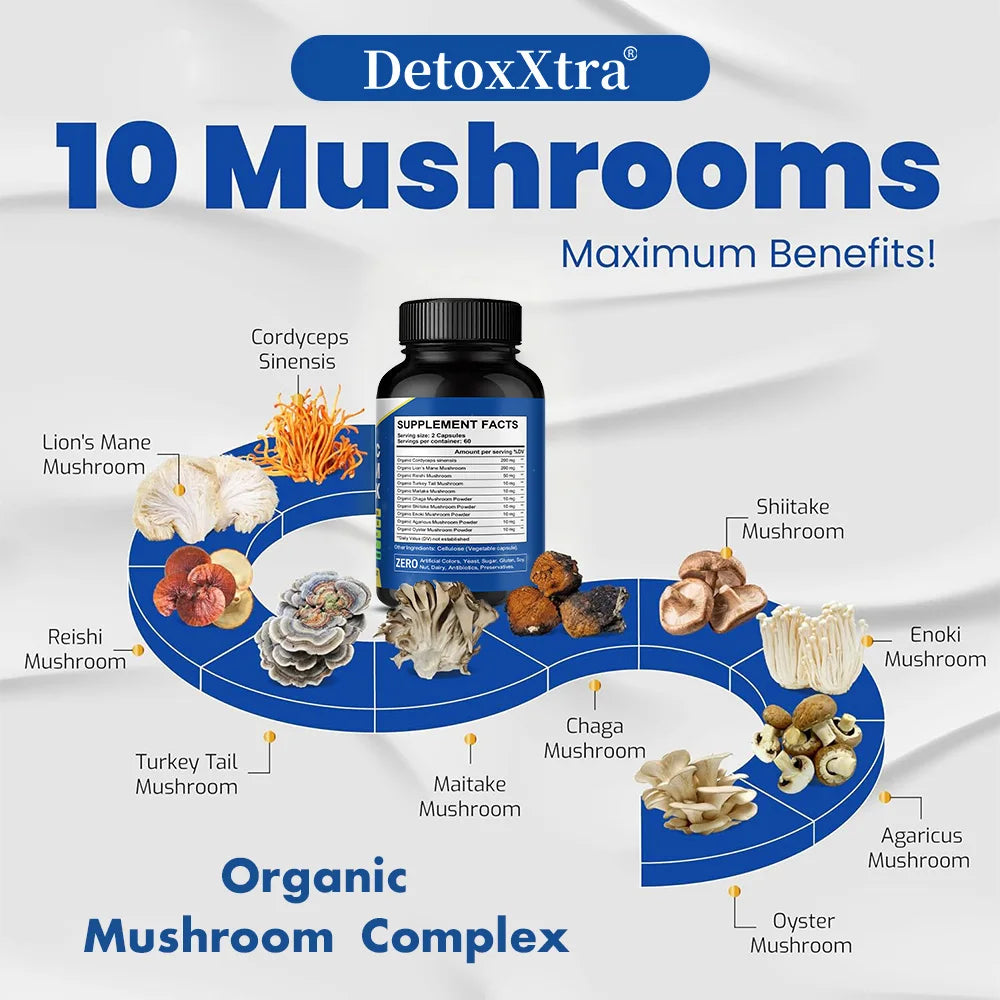 Organic Mushroom Complex Capsules - Cordyceps, Lion's Mane, Reishi, Support Brain Focus, Memory, Mood, Energy & Immune Wellness Peaceful Pleasures Health and Wellness