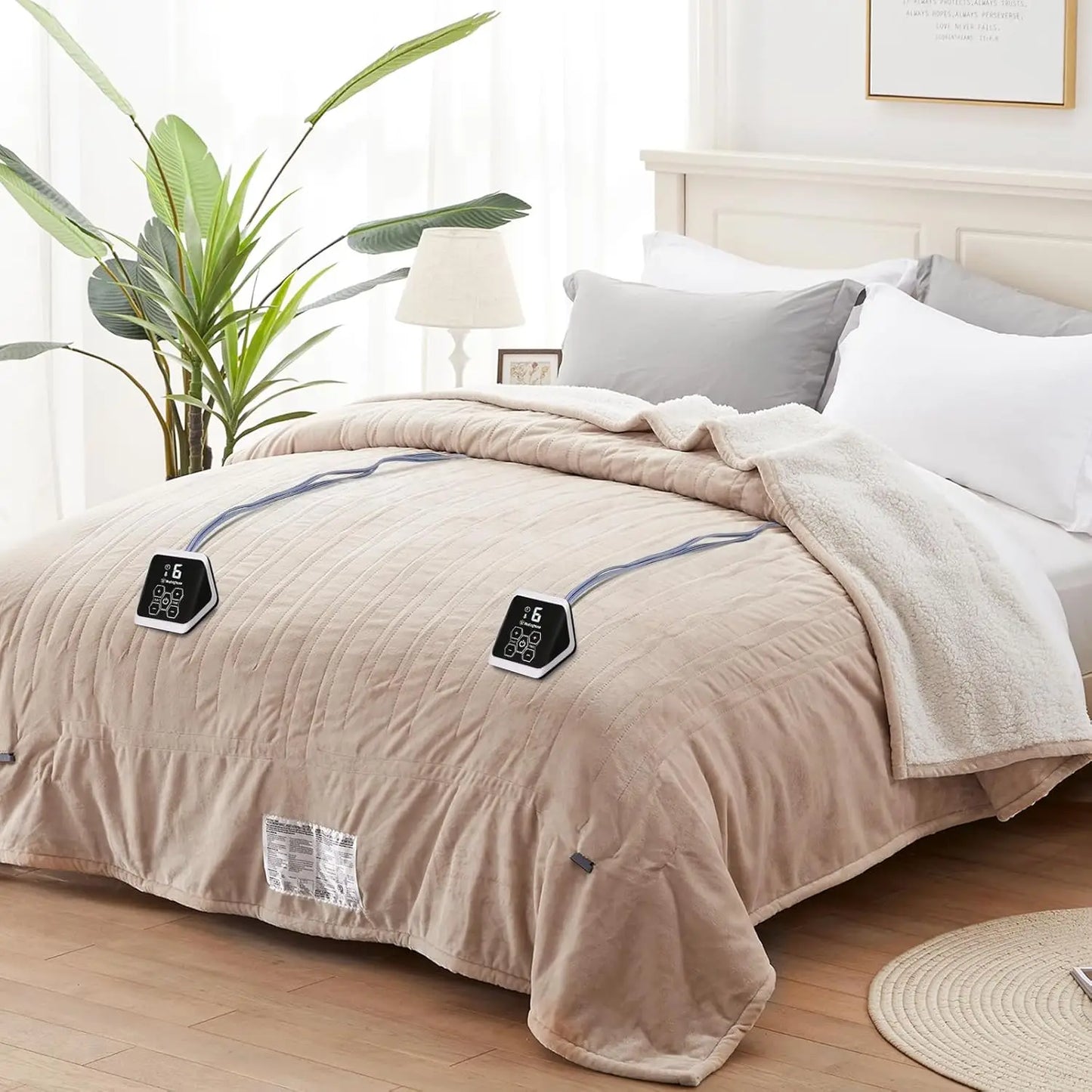 Queen Electric Heated Blanket – Flannel & Sherpa, Beige Peaceful Pleasures Health and Wellness