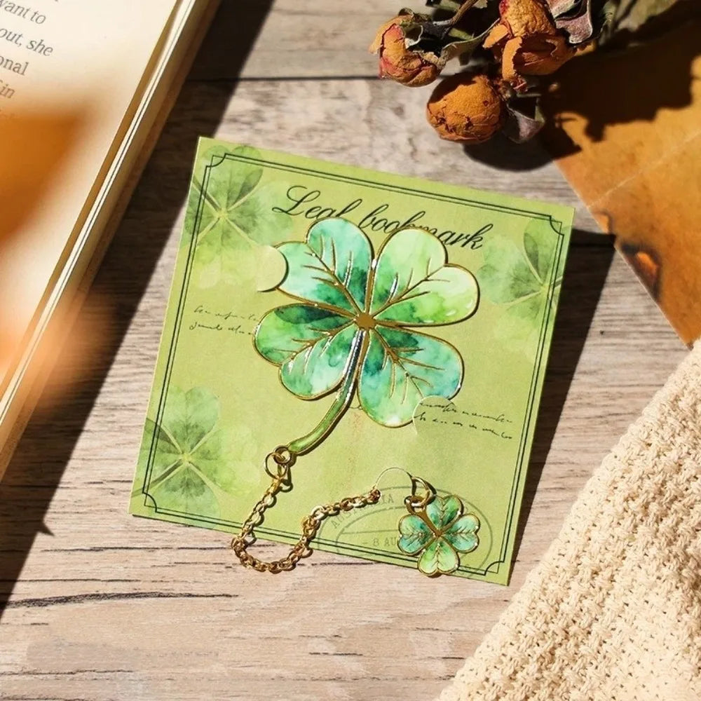 Creative Gift Gilt-Edged Metal Bookmark Pendant Design Exquisite Craft Leaf Bookmark Reading Bookmark School Supplies Peaceful Pleasures Health and Wellness Four-leaf Clover