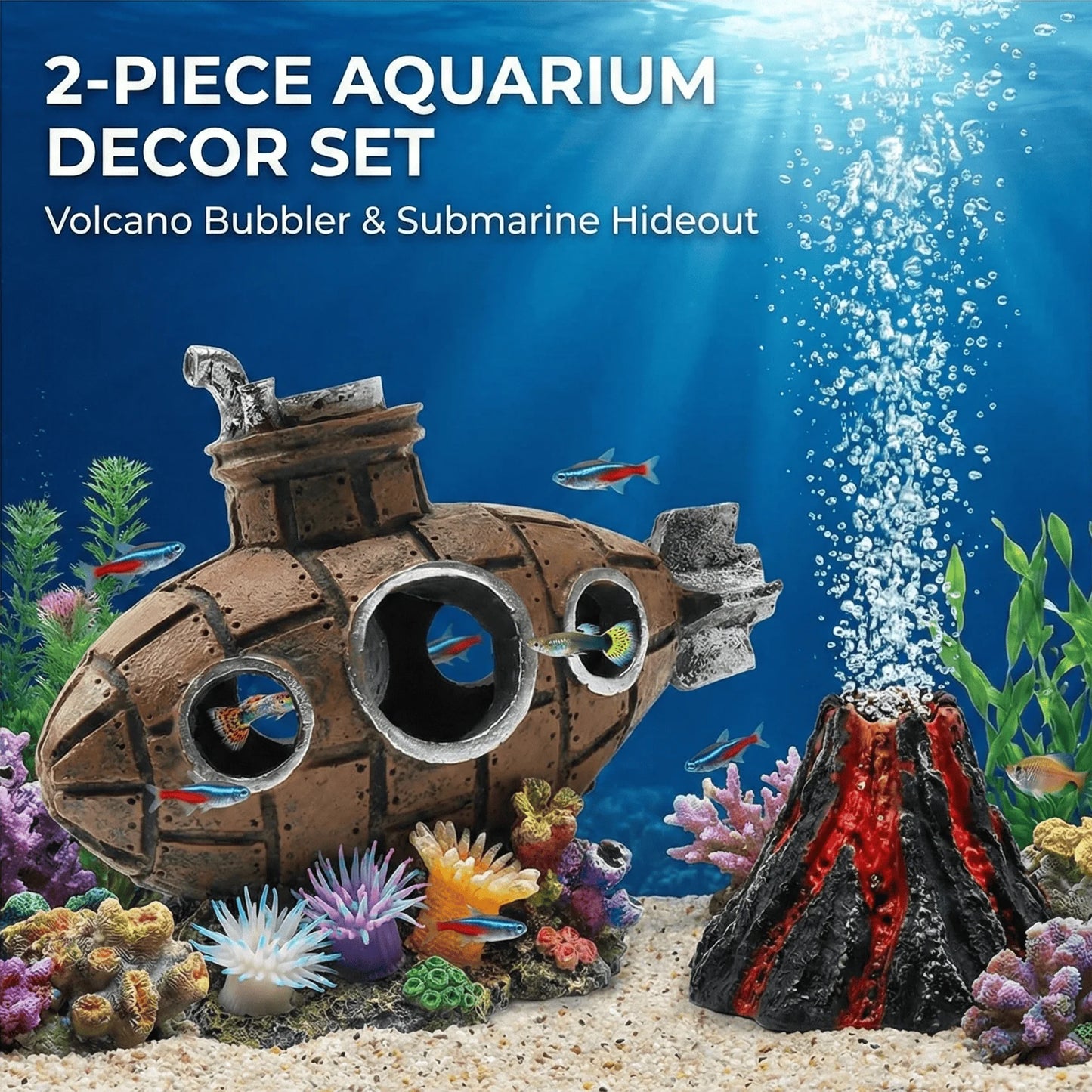 Aquarium Decoration Set Resin Submarine & Volcano Air Bubbler Fish Tank Ornaments Landscape Accessories for Betta Shrimp Decor Peaceful Pleasures Health and Wellness
