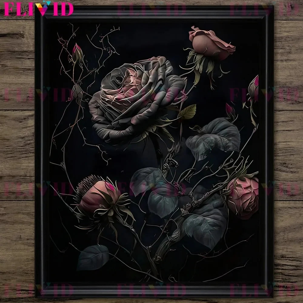 Dark Botanical Gothic Mushroom & Roses Canvas Wall Print
