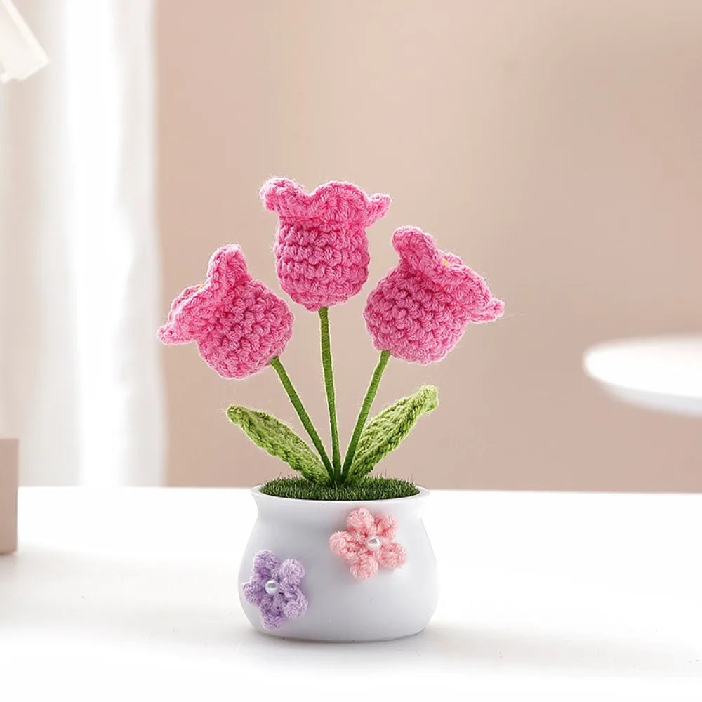 Mini Handmade Crochet Flowers Sunflower Tuilp Flowers Birthday Gift Knitted Flower Pot Decor Desktop Woven Graduation Gift Peaceful Pleasures Health and Wellness Lily Pink