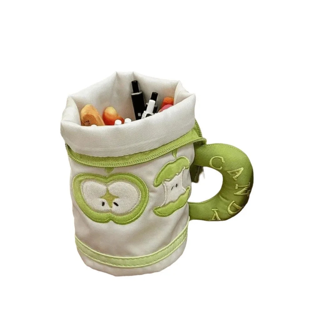 Desktop Storage Cartoon Cat Stationery Bag Korean Style Large Capacity Handheld Pen Container Fruit Water Cup Shape Peaceful Pleasures Health and Wellness Green