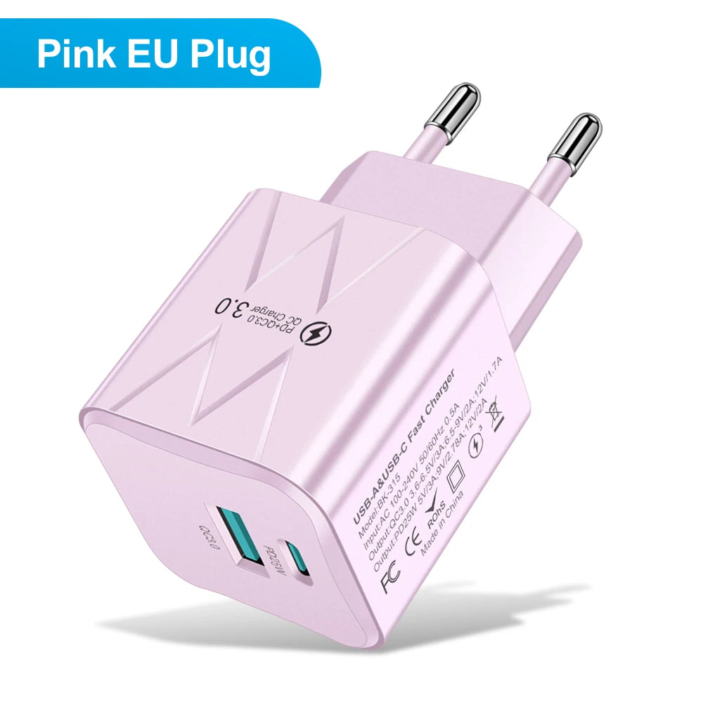25W PD QC3.0 Dual Port Fast Charger USB-C Travel Adapter