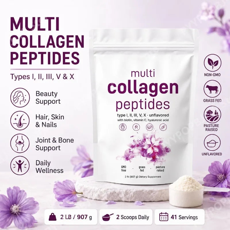 Multi Collagen Peptides Types I II III V X | Biotin, Vitamin C, HA