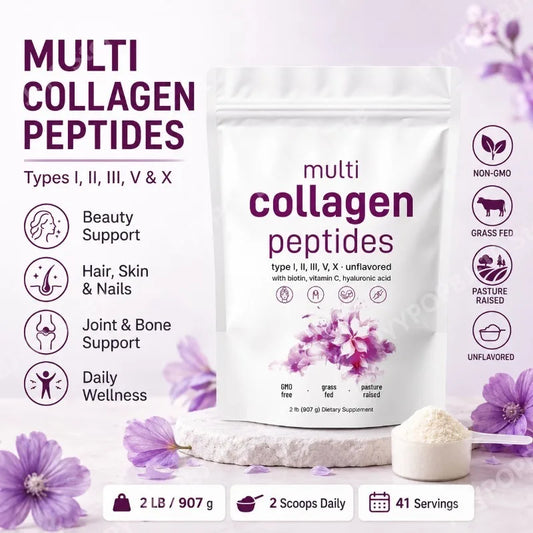 Multi Collagen Peptides Types I II III V X | Biotin, Vitamin C, HA Collagen Protein Powder Peaceful Pleasures Health and Wellness