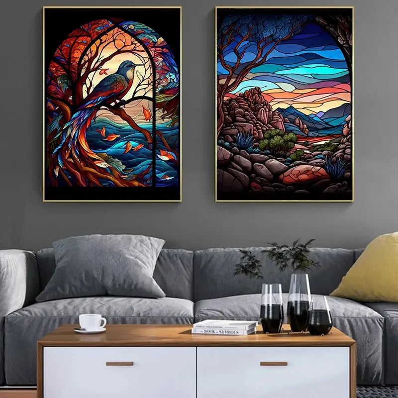 Modern Stained Glass Scenery Canvas Wall Art | Nordic Poster