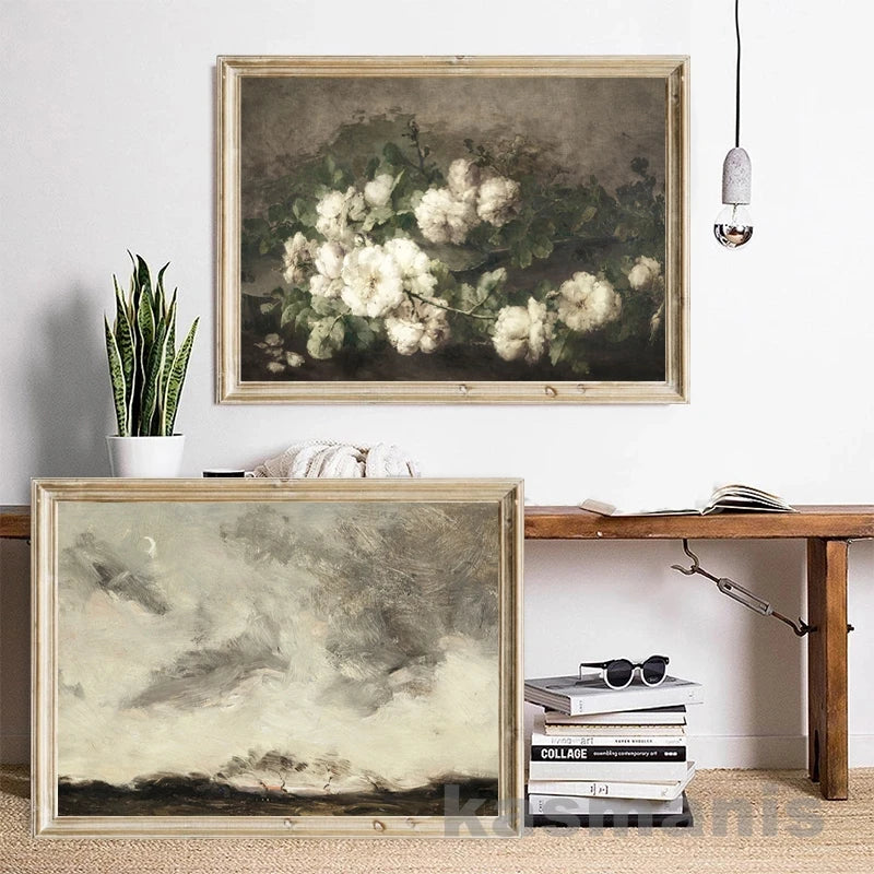 Vintage County Landscape Gallery Wall Art Prints Rustic Moody Cloud Oil Painting Canvas Prints Antique Flower Pictures Decor Peaceful Pleasures Health and Wellness