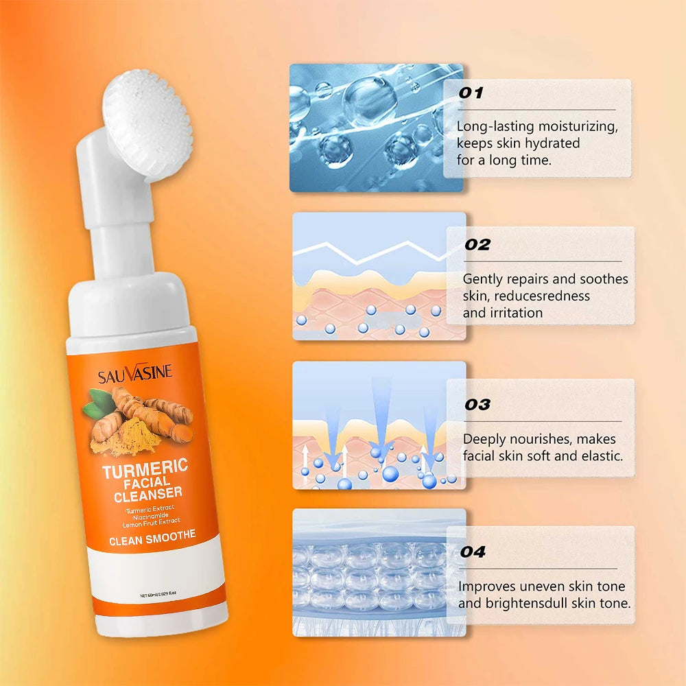 Turmeric Cleanser Moisturize Facial Brightening Skin Tone Daily Face Wash Foam with Brush Skin Care Clean Lemon Fruit Extract Peaceful Pleasures Health and Wellness