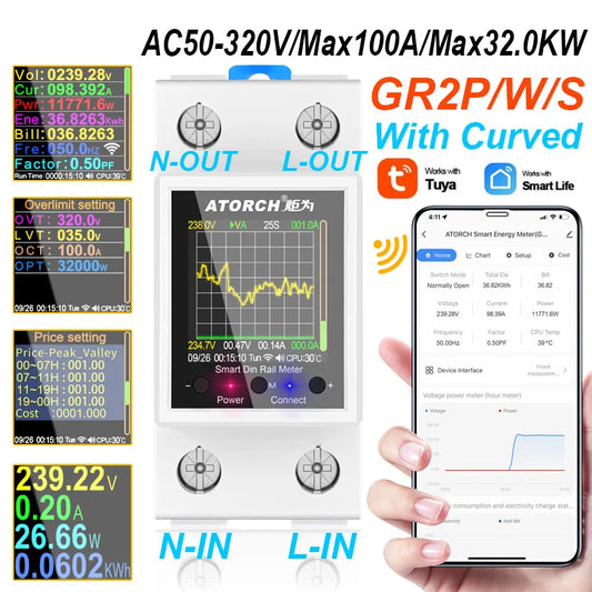 GR2PW AC50-320V 100A Smart Electricity Meter Tuya WiFi Din Rail Power Energy Meter Digital Display Monitor Voltage Curve Ammeter Peaceful Pleasures Health and Wellness