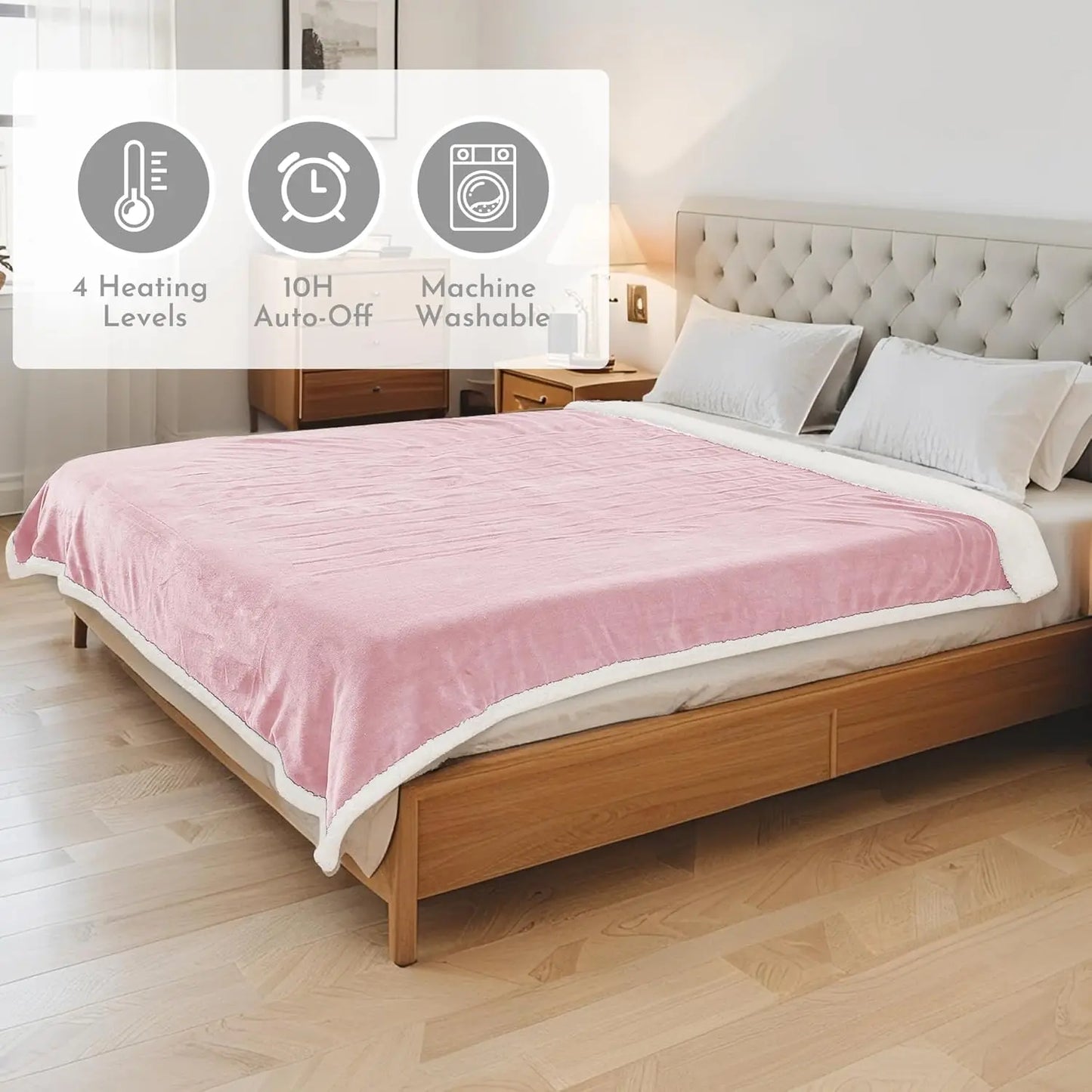 Queen Electric Heated Blanket – 4 Heat Settings, Auto Shutoff, Light Pink Electric Blanket Peaceful Pleasures Health and Wellness