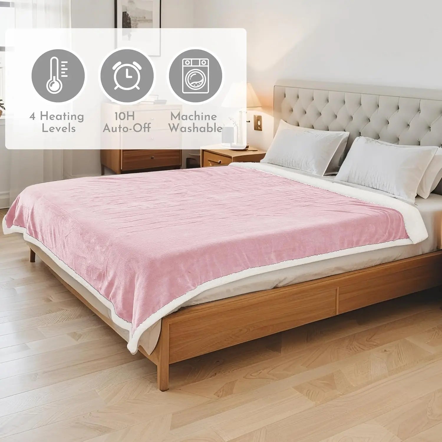 Queen Electric Heated Blanket – 4 Heat Settings, Auto Shutoff, Light Pink Electric Blanket Peaceful Pleasures Health and Wellness