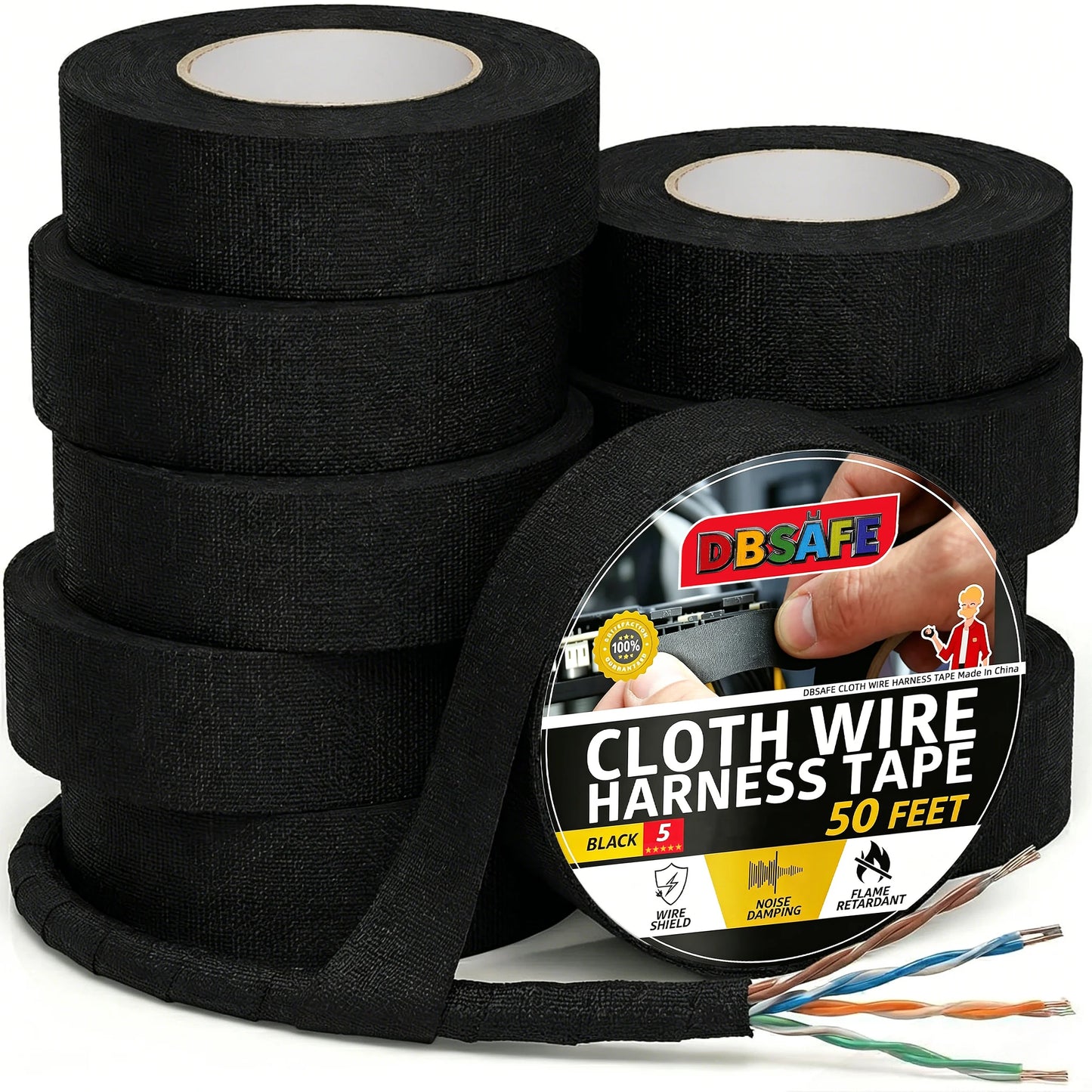 DBsafe Wire Harness Tape 3/4-Inch 50-Foot (1-10Pack) High Temp Wiring Loom Self-Adhesive Cloth Electrical Tape Automotive Noise Peaceful Pleasures Health and Wellness 10 Pack