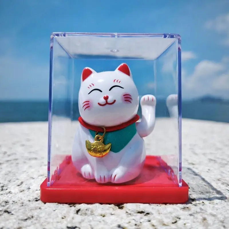 Solar Waving Lucky Cat Ornament | Mini 2" Desk Fortune Décor