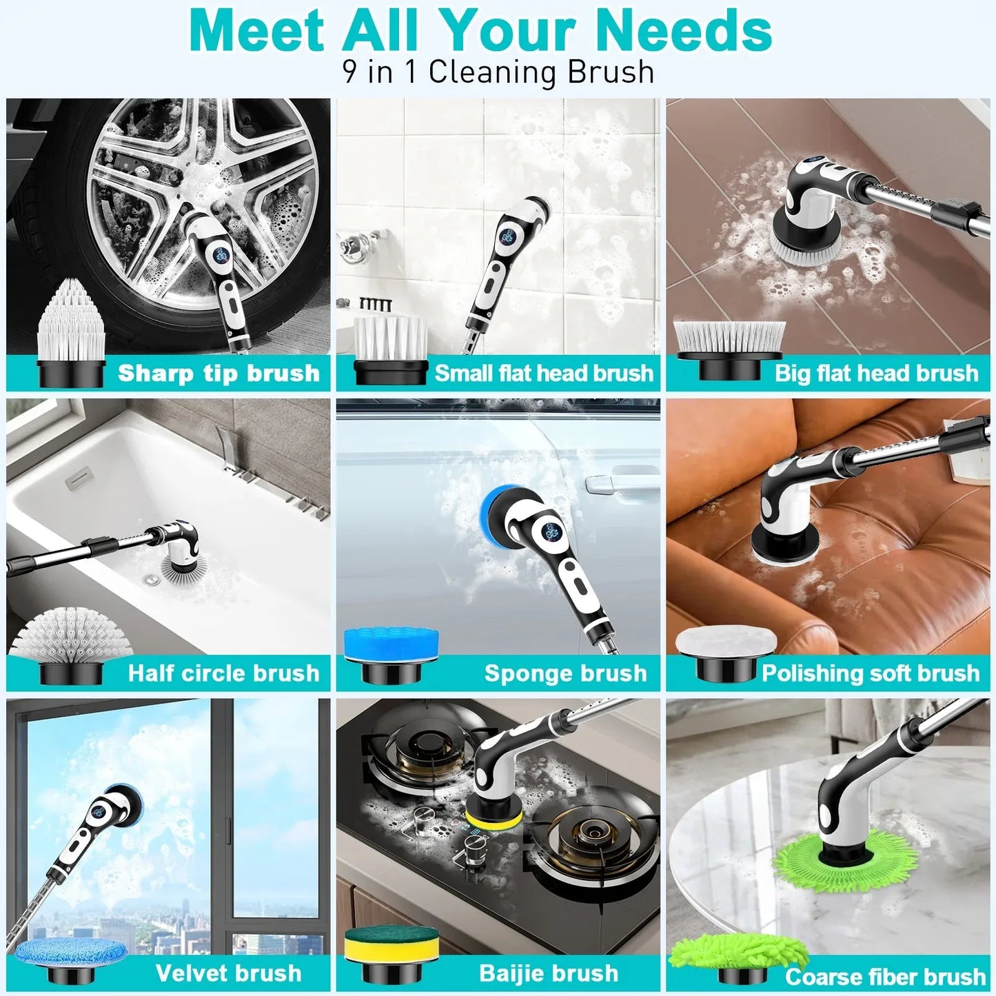 Rechargeable Multifunction Electric Cleaning Brush with Voice Smart Rotary Scrubber for Sink Tiles Pots Peaceful Pleasures Health and Wellness