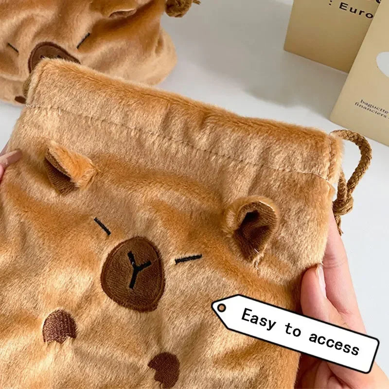 Kawaii Capybara Drawstring Bag – Large Canvas Cosmetic Pouch Drawstring Cosmetic Bag Peaceful Pleasures Health and Wellness