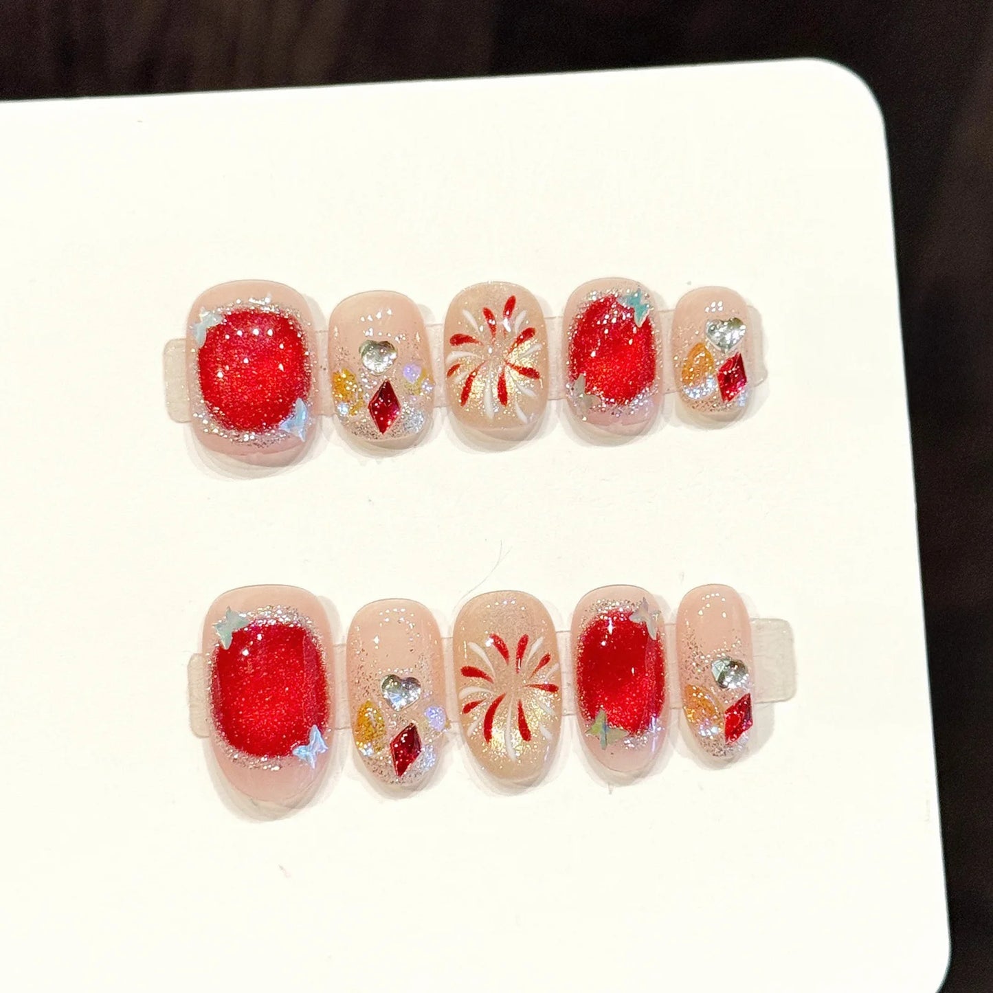 10pcs Cat's Eye Press-On Nails | Rhinestone New Year Fake Nails