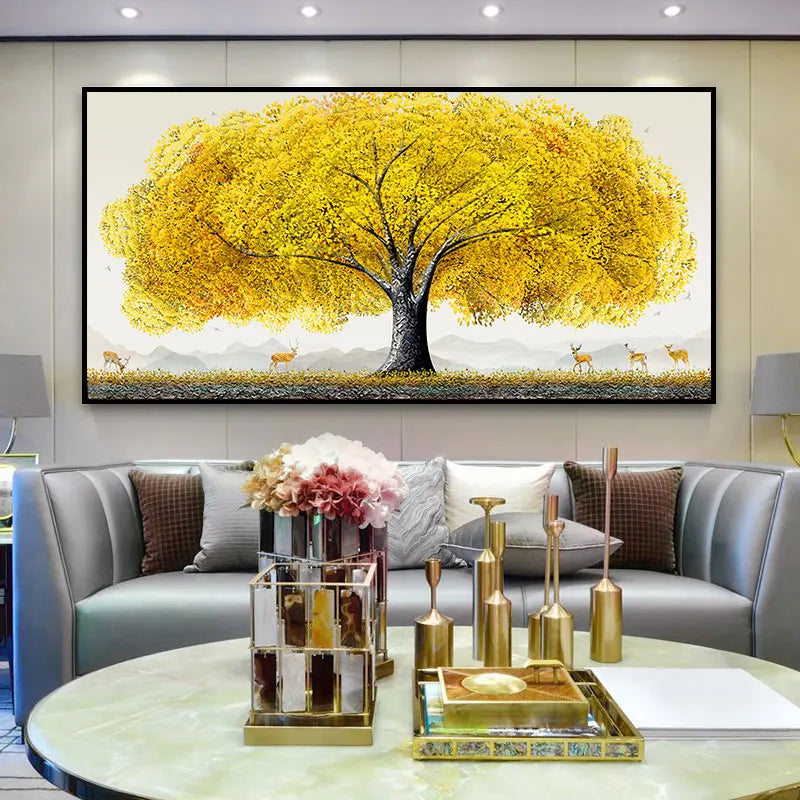 Abstract Luxury Flowers Canvas Painting, Golden Rich Tree, Wall Art Posters Money Tree Prints, Living Room, Porch, Home Decor Peaceful Pleasures Health and Wellness fj5 10 50x100cm