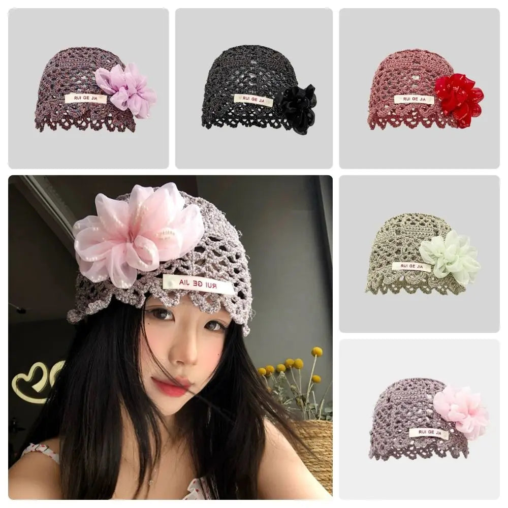 3D Flower Hollow Knit Beanie – Breathable Summer Cap