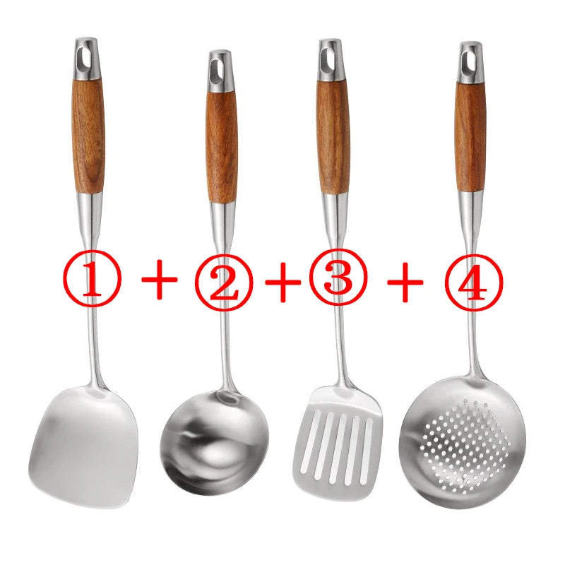 Rosewood Handle Stainless Steel Cookware Set Kitchen Durable Wok Spatula Colander Shovel Cooking Utensil Kitchenware Accessories
