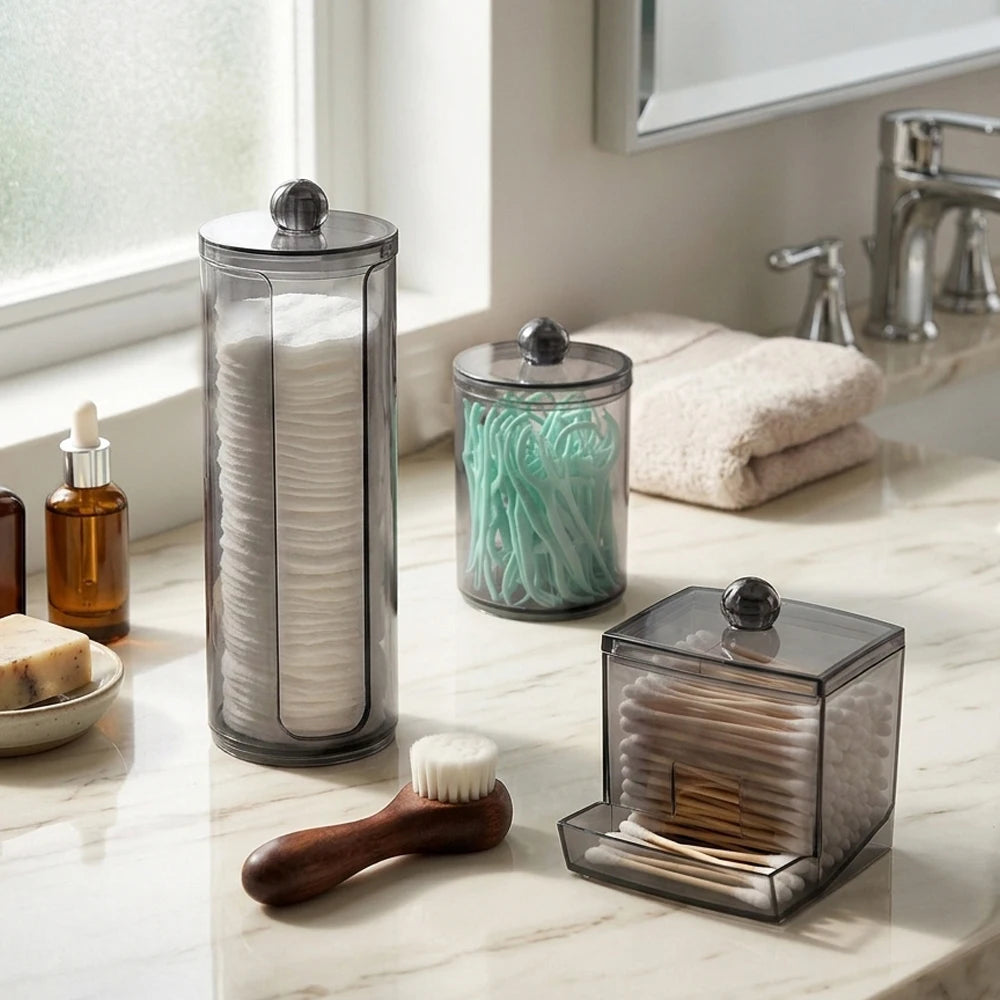 3pcs Q-tip Holder Apothecary Jar Set with Lids – Cotton Ball & Swab Dispenser Bathroom Organizer