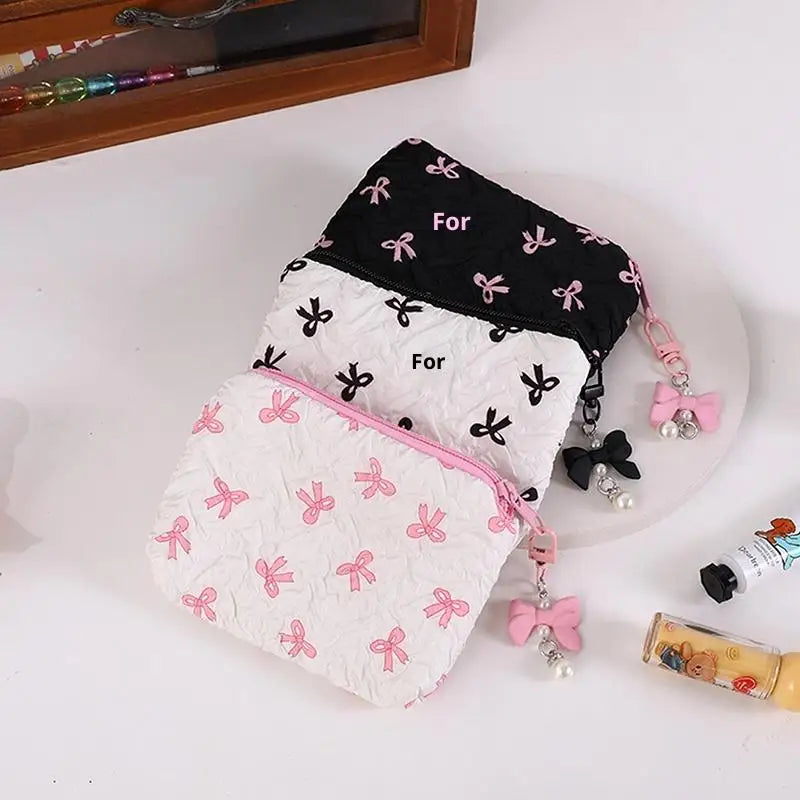 Cute Bow Fabric Makeup Bag, For Women Cosmetic Pouch, Portable Lipstick Earphone Travel Organizer Small Clutch Purse Peaceful Pleasures Health and Wellness