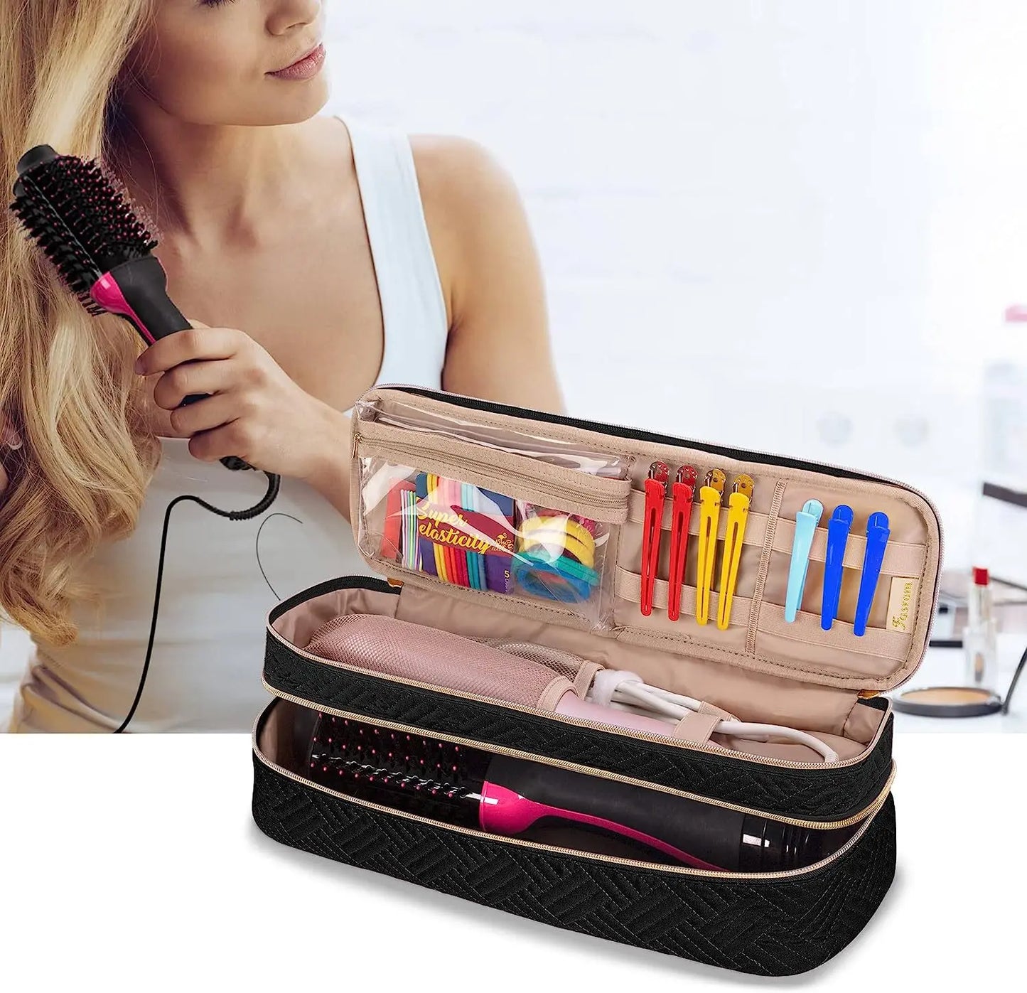 Double-layer travel all-in-one hair dryer storage bag curling wand organizer bag Peaceful Pleasures Health and Wellness