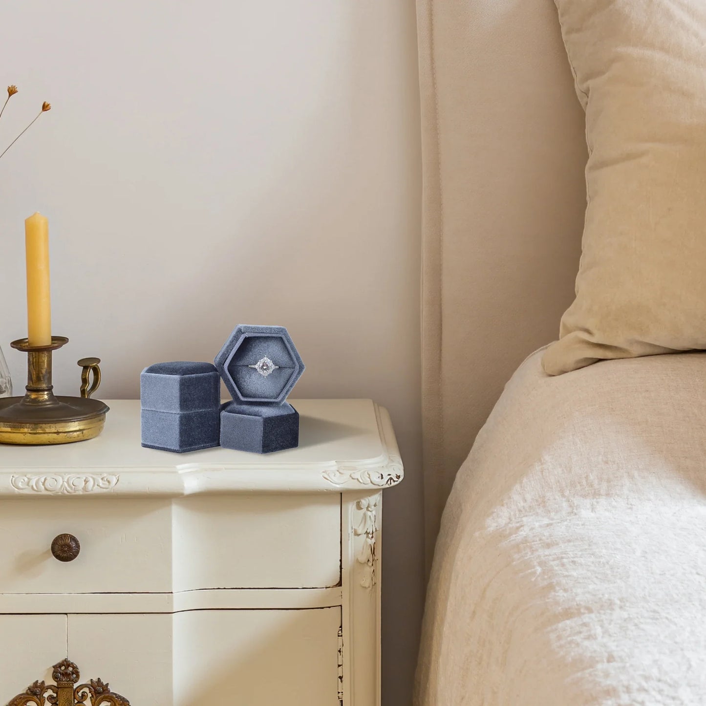 Hexagon Velvet Ring Box with Detachable Lid | Jewelry Holder