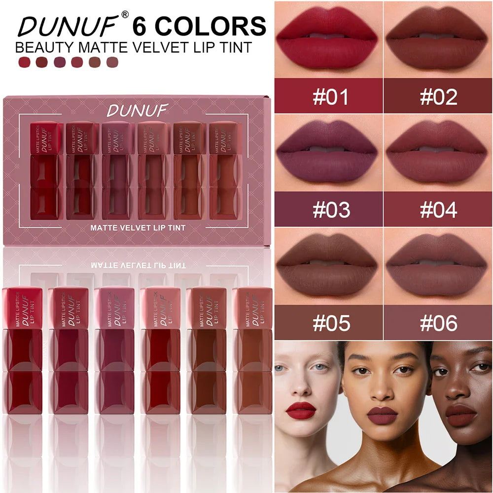 DUNUF 6-Piece Velvet Matte Lipstick Set – Waterproof & Long-Lasting