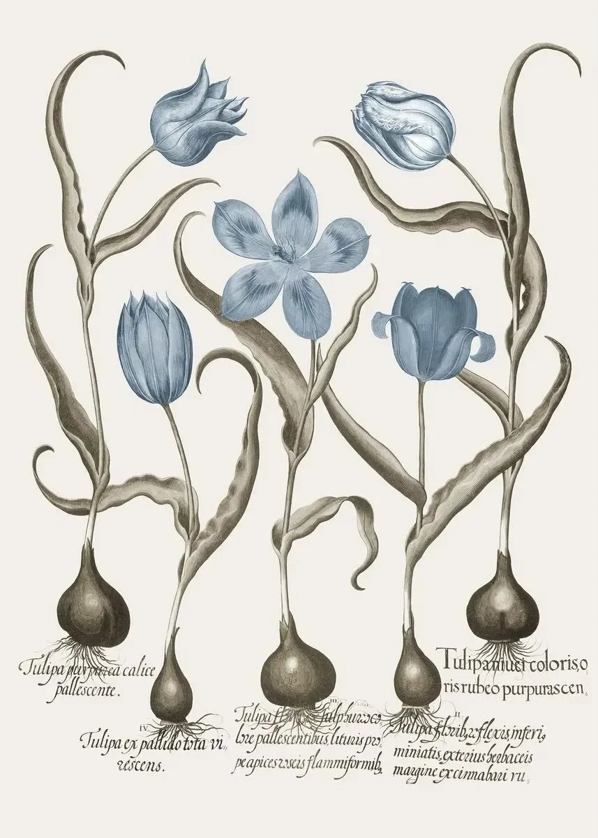 Retro Abstract Blue Various Flower Seedlings Root Green Leaves Poster Canvas Painting Wall Art Pictures Living Room Home Decor Peaceful Pleasures Health and Wellness Blue 55x75cm