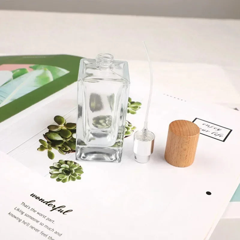 Portable Glass Spray Bottle 30ml 50ml | Refillable Wood Cap