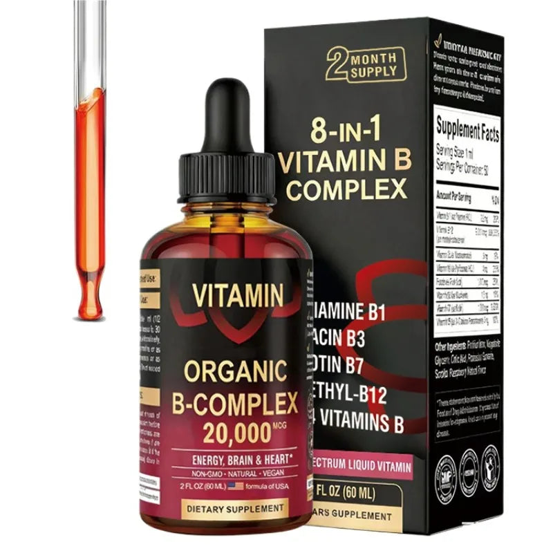 8-in-1 Organic Vitamin B Complex Liquid Drops | B12 Biotin 60mL
