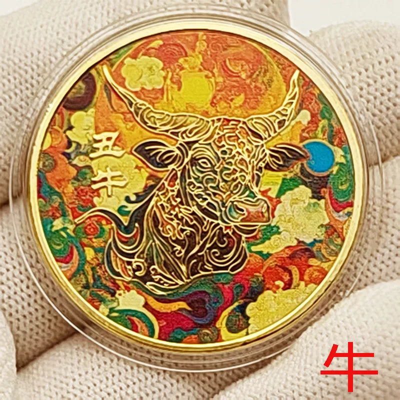 1PCS Colorful Twelve Zodiac Commemorative Medals Golden Coins Pig Dog Chicken Monkey Sheep Snake Horse Dragon Tiger Rabbit Gifts Peaceful Pleasures Health and Wellness cow