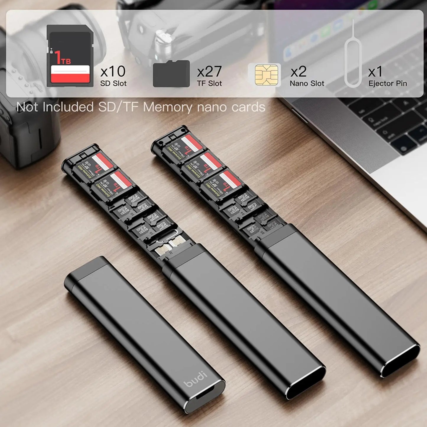 BUDI 30-Slot SD & SIM Card Case – Aluminum Alloy Organizer