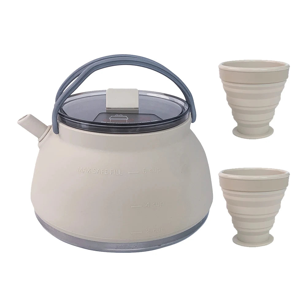 Outdoor Folding Silicone Kettle Portable Mini Boiling Water Pot with Handle Camping Kettle Pan Pot for Travel Picnic Tableware Peaceful Pleasures Health and Wellness Khaki Kettle Cup