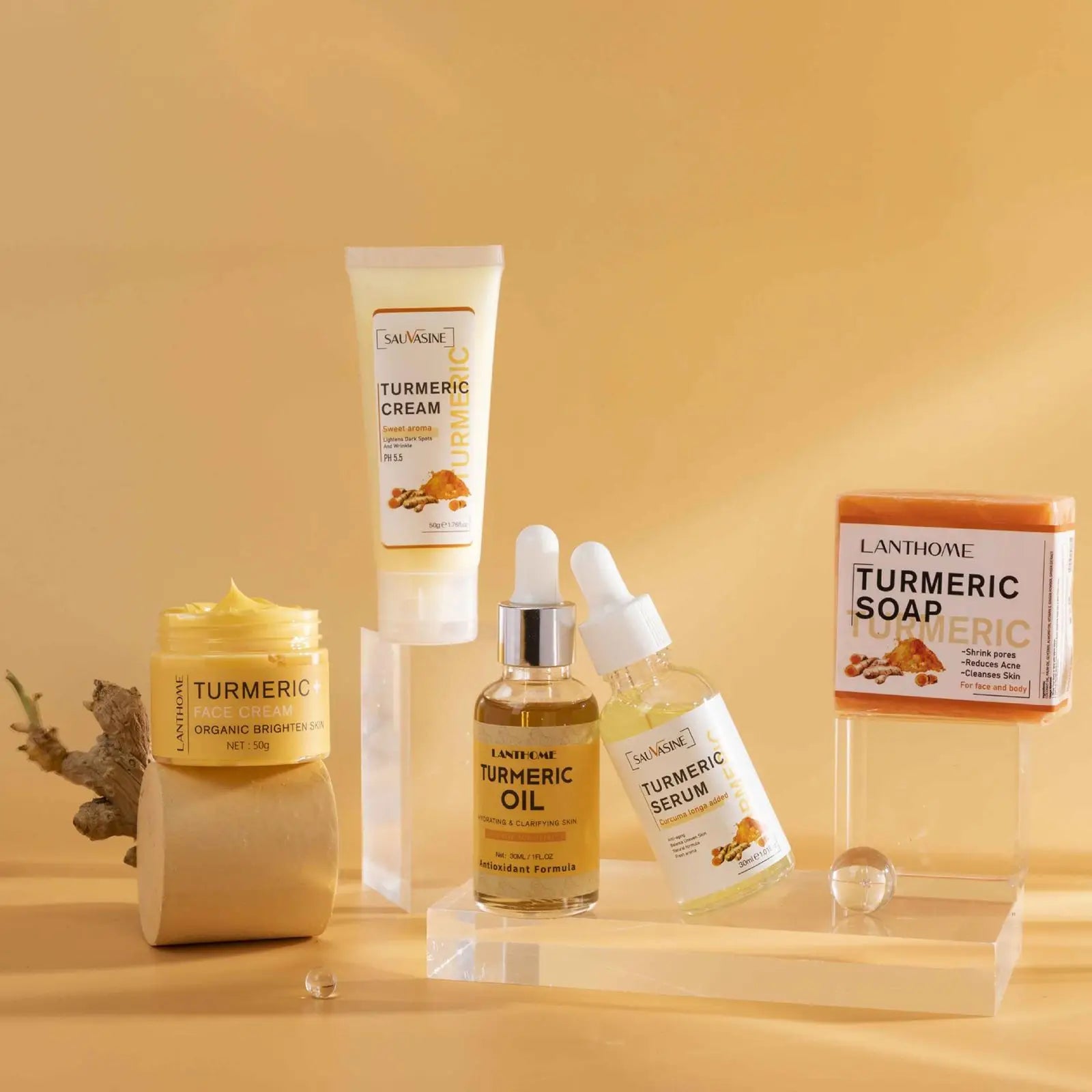 Jaysuing 5-Piece Turmeric Facial Skincare Set – Serum, Cleansing Cream, Oil, Moisturizer & Soap for Radiant, Clear Skin Peaceful Pleasures Health and Wellness