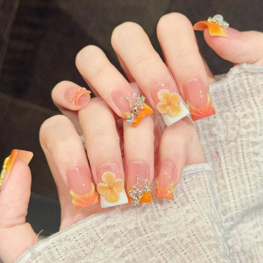 Y2K Duckbill Press On Nails – 3D Flower & Rhinestone, 10 Pcs Press On Nails Peaceful Pleasures Health and Wellness S
