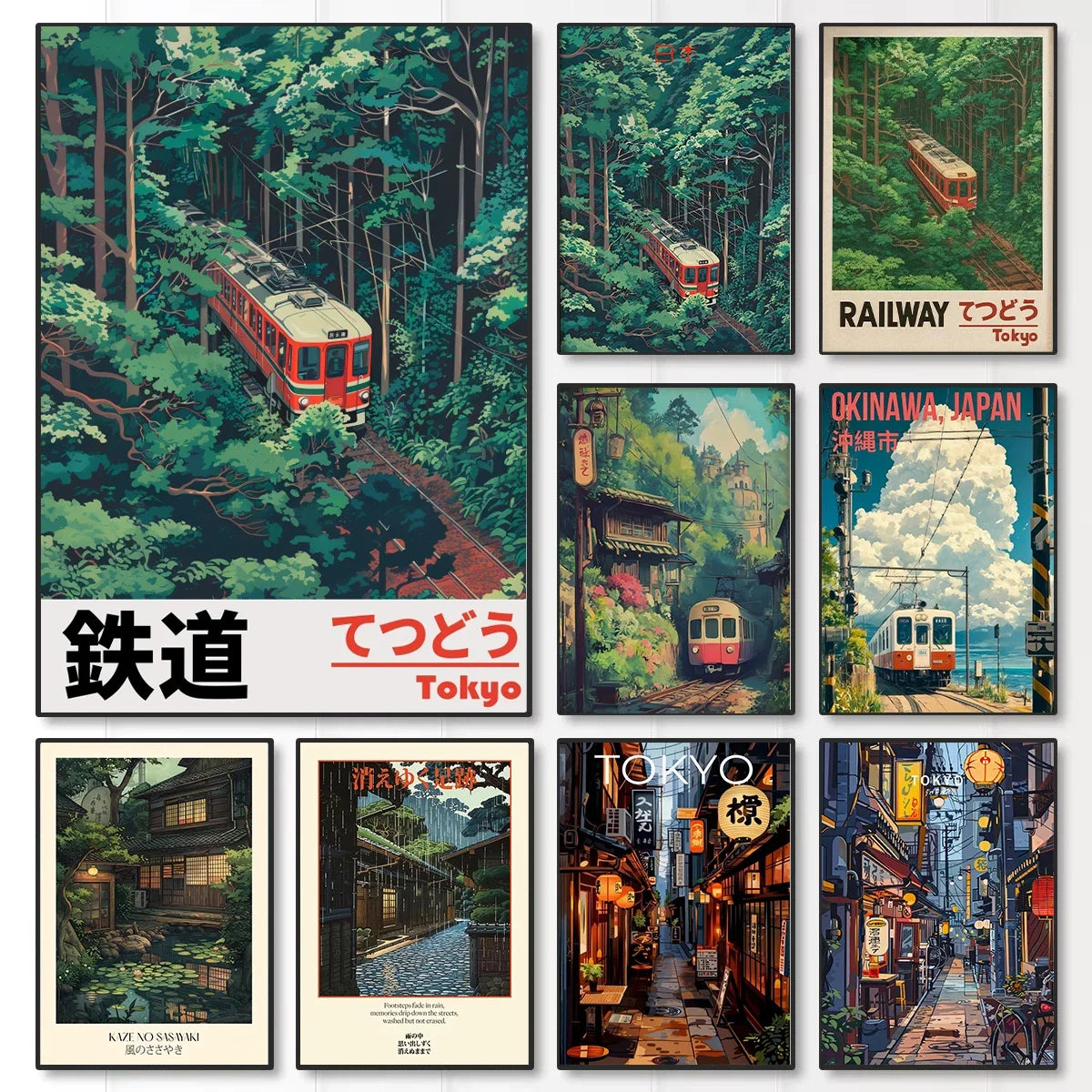 Retro Japanese Railway Landscape Canvas Print Tokyo Rainy Night Street Wall Art Poster for Modern Living Room Bedroom Home Decor Peaceful Pleasures Health and Wellness
