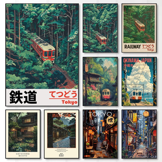 Retro Japanese Railway Landscape Canvas Print Tokyo Rainy Night Street Wall Art Poster for Modern Living Room Bedroom Home Decor Peaceful Pleasures Health and Wellness
