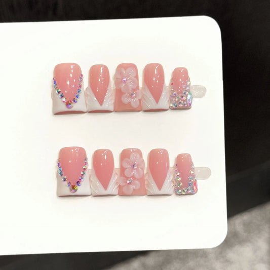 Handmade 3D Floral Rhinestone French False Nails | 10pc Set Press-On False Nails Peaceful Pleasures Health and Wellness