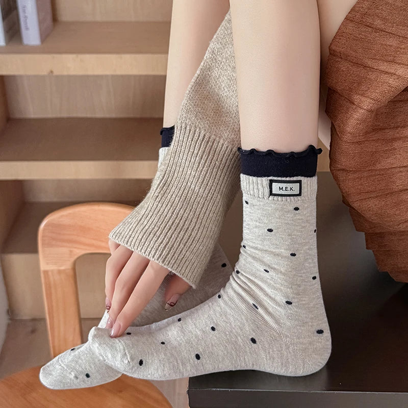 Socks For Women New Dots Cute Frilly Casual Fashion Long Socks Breathable Preppy Style Ladies Novelties Socks Cotton Soft Comfy Peaceful Pleasures Health and Wellness