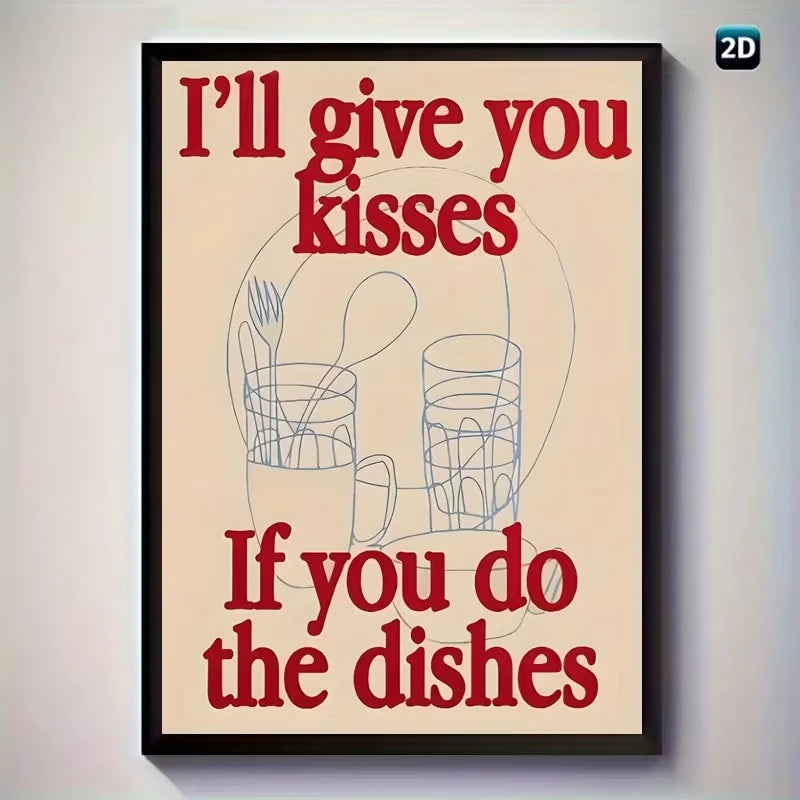 Funny "Kisses If You Do The Dishes" Kitchen Canvas Wall Art