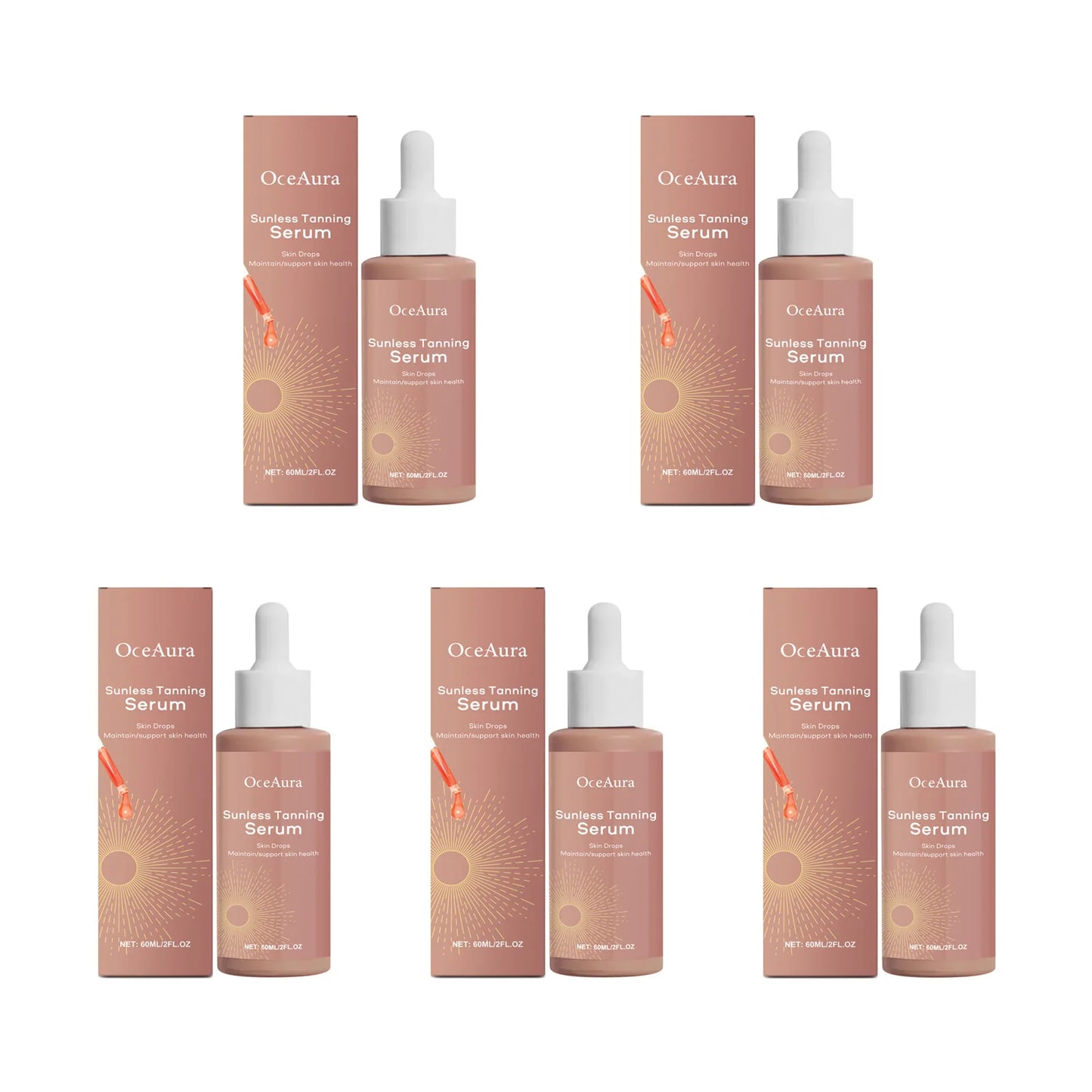 Herbal Sunless Tanning Drops – Natural Self Tanner Bronzer Peaceful Pleasures Health and Wellness 5 x 60ml Boxed