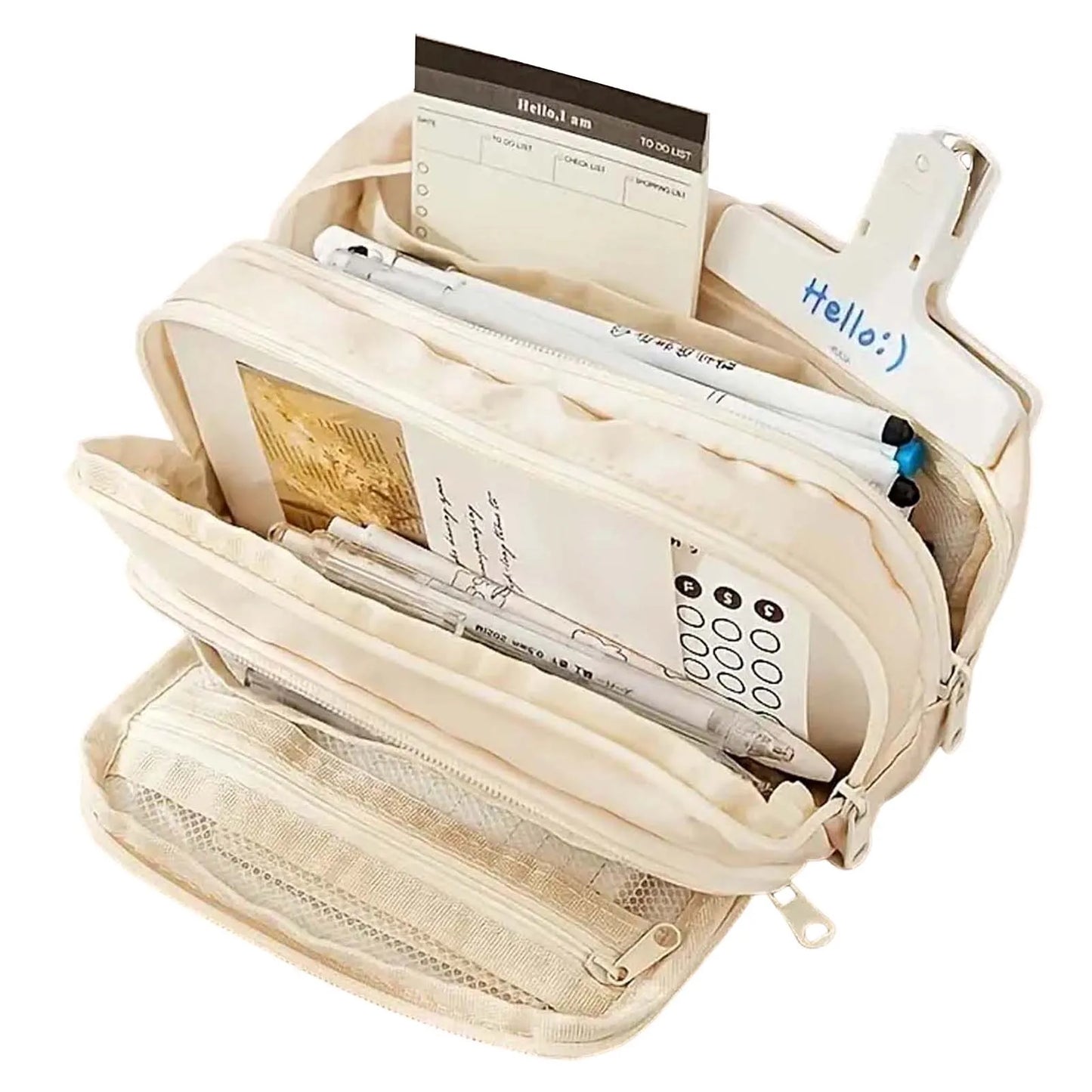 Portable Three-Layer Pencil Case Zipper Stationery Storage Bags with Zipper for School Student Teen Girl Boy Peaceful Pleasures Health and Wellness Beige