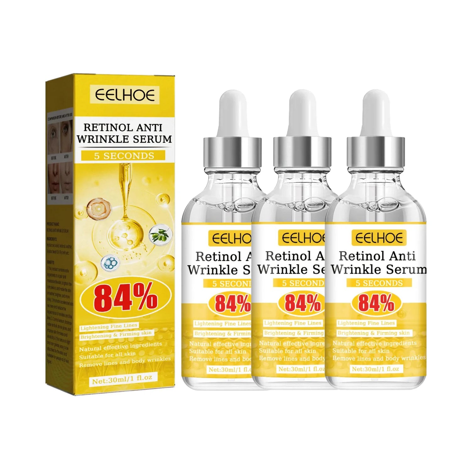 Retinol Anti-Wrinkle Serum Anti Aging Face Lifting Firming Fade Fine Lines Moisturizing Skin Care Hyaluronic Acid Facial Serum Peaceful Pleasures Health and Wellness 3pcs