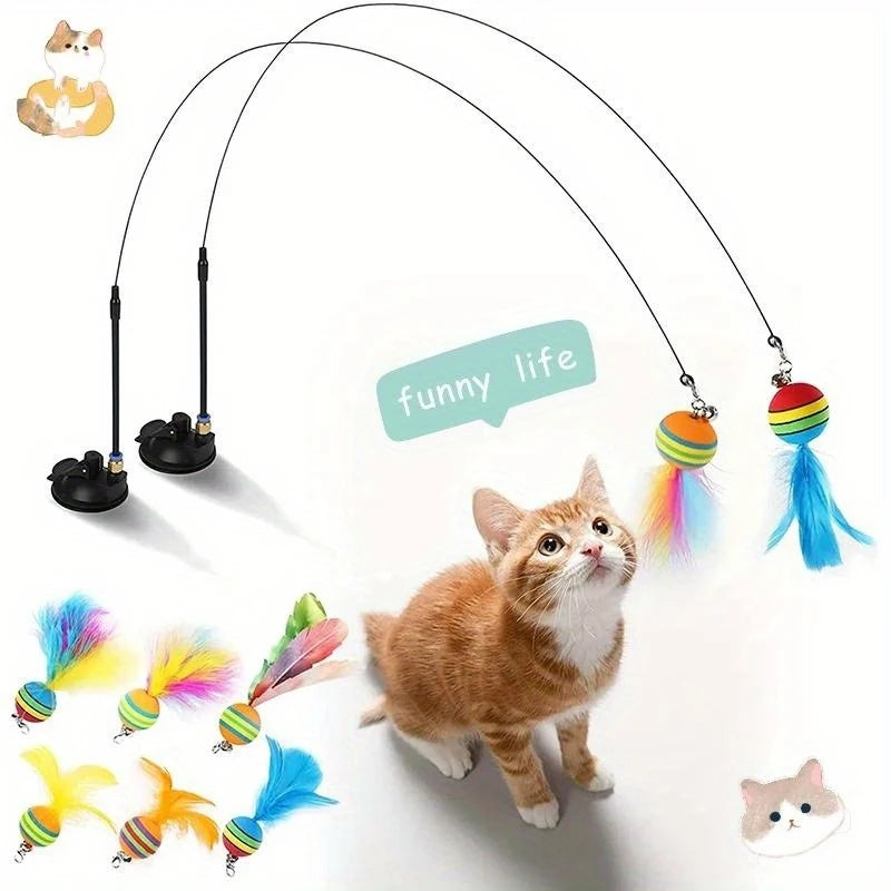 Interactive Cat Toys Kit Feather Toys with 1 Wands, 1 Suction Cups, Replacement Feather Heads for Indoor & Outdoor Play Peaceful Pleasures Health and Wellness