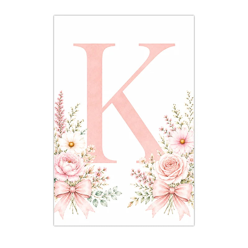 Floral Alphabet Wall Art Custom Letter Canvas Painting Pink Flower Poster Print Nursery Wall Decor Peaceful Pleasures Health and Wellness