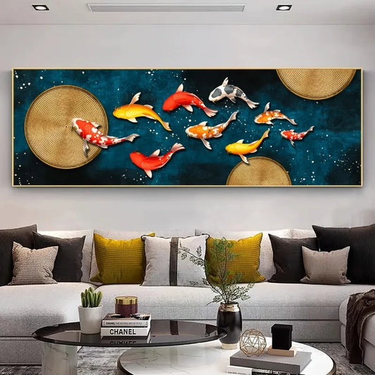 Large Wall Decorative Painting on Canvas Chinese Style Koi Poster Nine Fish Illustration Feng Shui Carp Lotus Pond Home Decor Peaceful Pleasures Health and Wellness