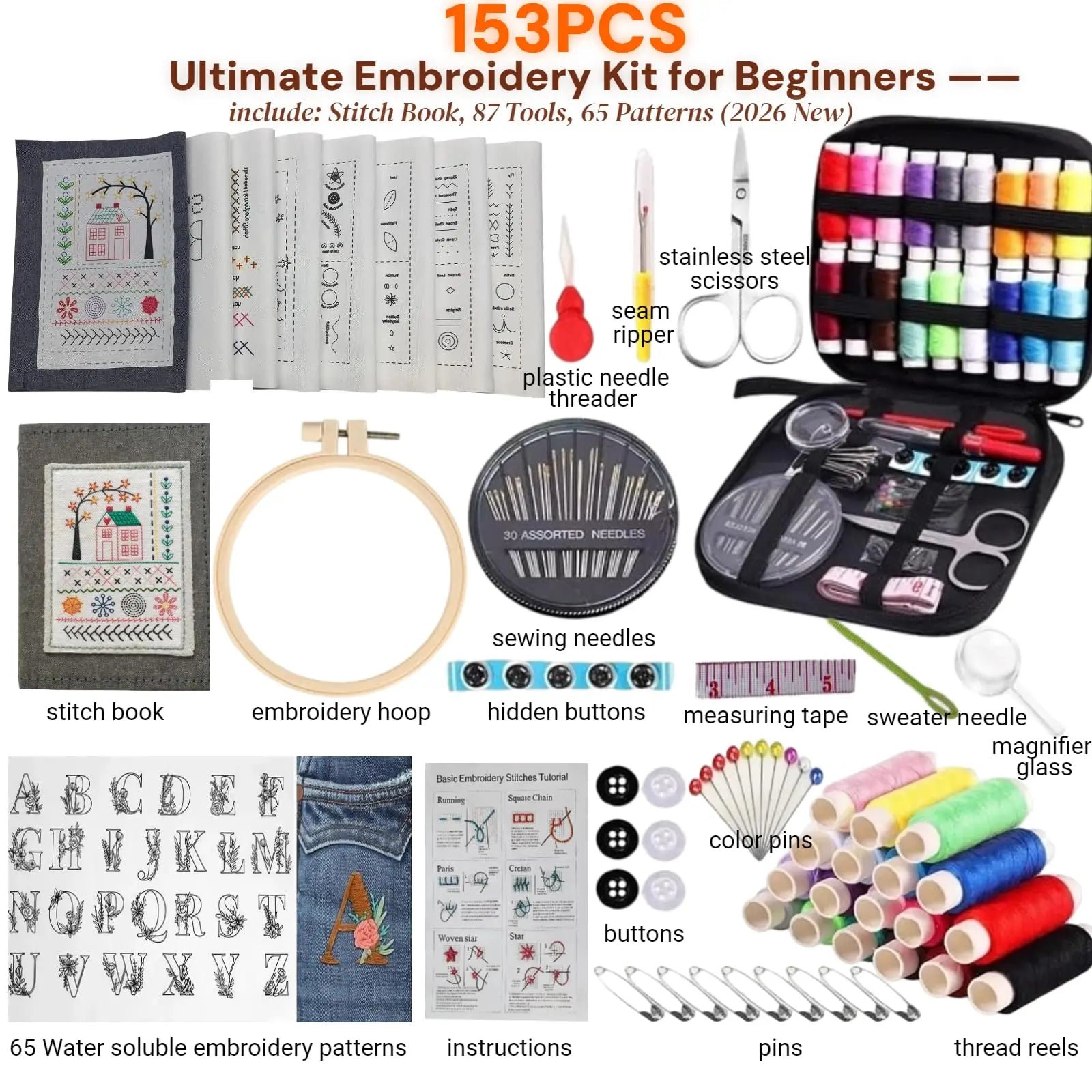2026 Upgraded Embroidery Stitch Book Kit|Includes Embroidery Hoop,86 Tools,65 Water-Soluble Patterns &106 Stitches With Guides Peaceful Pleasures Health and Wellness
