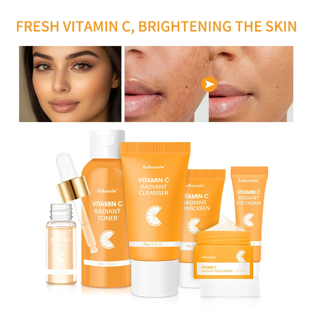 6pcs/set Vitamin C Skin Care Set Deep Cleansing Facial Cleanser Face Cream Moisturizing Anti Wrinkles Face Care Kit Gift Box Peaceful Pleasures Health and Wellness